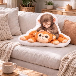 May include: A plush monkey pillow in brown and orange rests on a cream-colored sofa. The pillow features a smaller monkey on top of a larger one. The scene is set in a cozy living room with neutral tones and natural light.