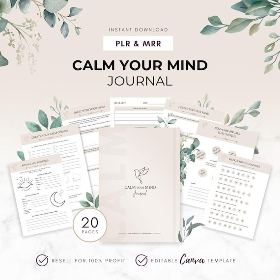 Calm your Mind Journal MRR PLR Digital Planner, Anxiety Planner, Canva Templates, Wellness Workbook, Master Resell Rights, Mental Health