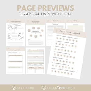 May include: A digital planner with the text "PAGE PREVIEWS" and "ESSENTIAL LISTS INCLUDED." The planner includes pages for rituals, self-care, and weekly challenges. The design is in neutral tones with floral accents. The Canva template is editable.