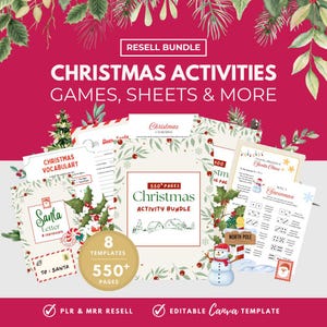 Puede incluir: Un paquete de hojas de actividades y juegos navideños. La imagen presenta varias plantillas, incluyendo una carta a Santa, hojas de vocabulario y un juego de muñeco de nieve. El texto dice "Actividades de Navidad, juegos, hojas y más."