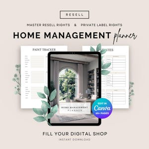May include: A digital home management planner with the text "HOME MANAGEMENT planner" and "PAINT TRACKER" on a white background. The image includes a tablet with a home office scene, and the text "EDIT IN Canva 65+ PAGES".