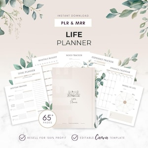 Puede incluir: Un planificador de vida beige con el texto "Life Planner" y "65+ Pages". El planificador incluye páginas para la planificación de objetivos, presupuestos mensuales, seguimiento del estado de ánimo y seguimiento de gastos. La imagen también incluye el texto "Instant Download", "PLR & MRR" y "Editable Canva Template".