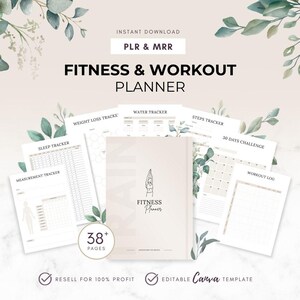 Puede incluir: Un planificador de fitness y entrenamiento con una cubierta beige claro y varias páginas de seguimiento. El planificador incluye secciones para la pérdida de peso, la ingesta de agua, los pasos, el sueño y las mediciones. La portada presenta una ilustración minimalista de yoga.