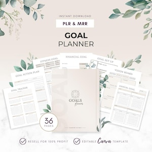 May include: A beige goal planner with the text "GOAL PLANNER" and "GOALS Planner". The image includes various goal-setting worksheets, including a vision board and goal tracker. The planner is an instant download, with 36 pages, and is an editable Canva template.