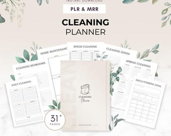 May include: A beige Cleaning Planner with the text "CLEANING PLANNER" and "31+ PAGES". The planner includes pages for daily cleaning, speed cleaning, and decluttering goals. The image also includes the text "INSTANT DOWNLOAD", "PLR & MRR", "RESELL FOR 100% PROFIT", and "EDITABLE Canva TEMPLATE".