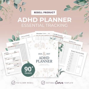ADHD Planner Lists, MRR PLR Digital Planner, Editable Canva Templates, meal planner, Master Resell Rights, Rebrand Resell, spending tracker