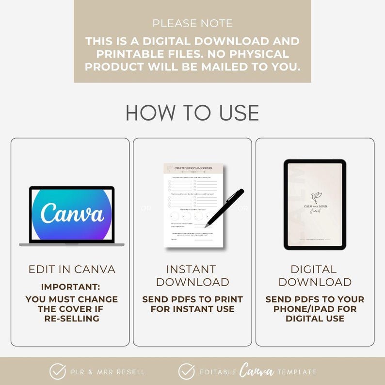 May include: Digital download instructions with the Canva logo, a printable PDF, and a tablet. Text includes "Edit in Canva," "Instant Download," and "Digital Download." The image also states that it is a digital download and printable files.