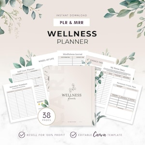 Może przedstawiać: Beżowy planer wellness z czarnym napisem "WELLNESS PLANNER". Obraz zawiera różne arkusze i dzienniki, takie jak "Self Care Planner" i "Mindfulness Journal". Planer jest do natychmiastowego pobrania i edycji.