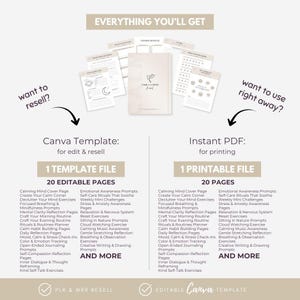 May include: A digital self-care template and printable PDF with 20 pages each. The Canva template is for editing and reselling, while the PDF is for printing. Includes prompts for mindfulness, reflection, and emotional awareness.