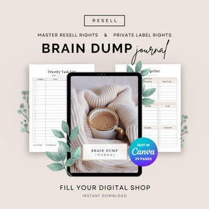 Peut inclure: Publicité pour un journal numérique "Brain Dump" avec une tablette affichant des pages de journal, une tasse de café et une couverture. L'image comprend du texte qui dit "Master Resell Rights & Private Label Rights" et "Fill Your Digital Shop". Le journal a 29 pages.
