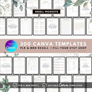 Puede incluir: Una colección de plantillas de planificador digital con varios diseños y diseños. Las plantillas incluyen planificadores de marketing, seguimiento de hábitos y establecimiento de objetivos. La imagen también incluye el texto "300 Canva Templates" y "PLR & MRR Resell".