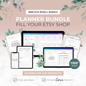 May include: A digital planner bundle with the text "PLANNER BUNDLE FILL YOUR ETSY SHOP". The image shows a tablet, phone, and several printed planners. The bundle includes 25 done-for-you products and over 1900 pages.