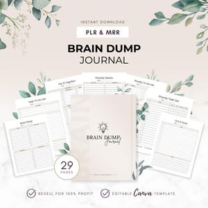 May include: A beige Brain Dump Journal with a lightbulb logo, surrounded by various planning pages. The journal includes 29 pages and is an instant download. Text includes "PLR & MRR", "Resell for 100% Profit", and "Editable Canva Template".