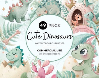 Watercolor Dinosaurs Clipart, Gender Neutral Baby Shower Invitation, Transparent PNG, Cute Dinosaurs, Dino Nursery Decor, Commercial Use