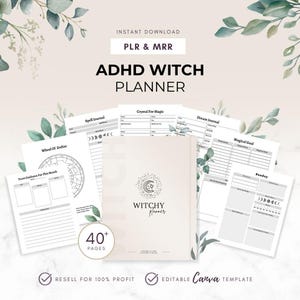 Häxplanerare, ADHD-häxa, MRR PLR digital planerare, häxdagbok, tarotdagbok, utskrivbar planerare, Canva-mallar, Master Resell Rights,