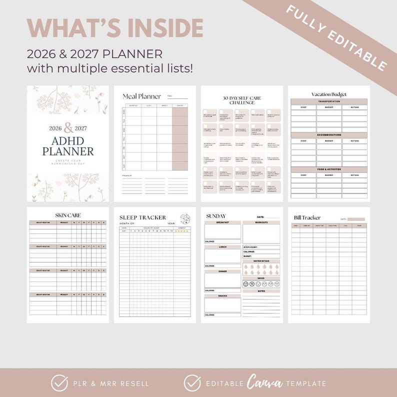 ADHD Planner Lists, MRR PLR Digital Planner, Editable Canva Templates ...