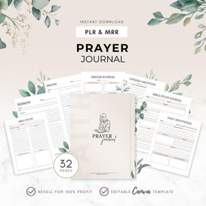 May include: A beige prayer journal with the words "Prayer Journal" and a line drawing of a person praying. The journal is surrounded by loose pages with prompts for prayer, Bible study, and gratitude. The image also includes the text "Instant Download" and "32 Pages".