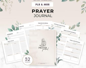 May include: A beige prayer journal with the words "Prayer Journal" and a line drawing of a person praying. The journal is surrounded by loose pages with prompts for prayer, Bible study, and gratitude. The image also includes the text "Instant Download" and "32 Pages".