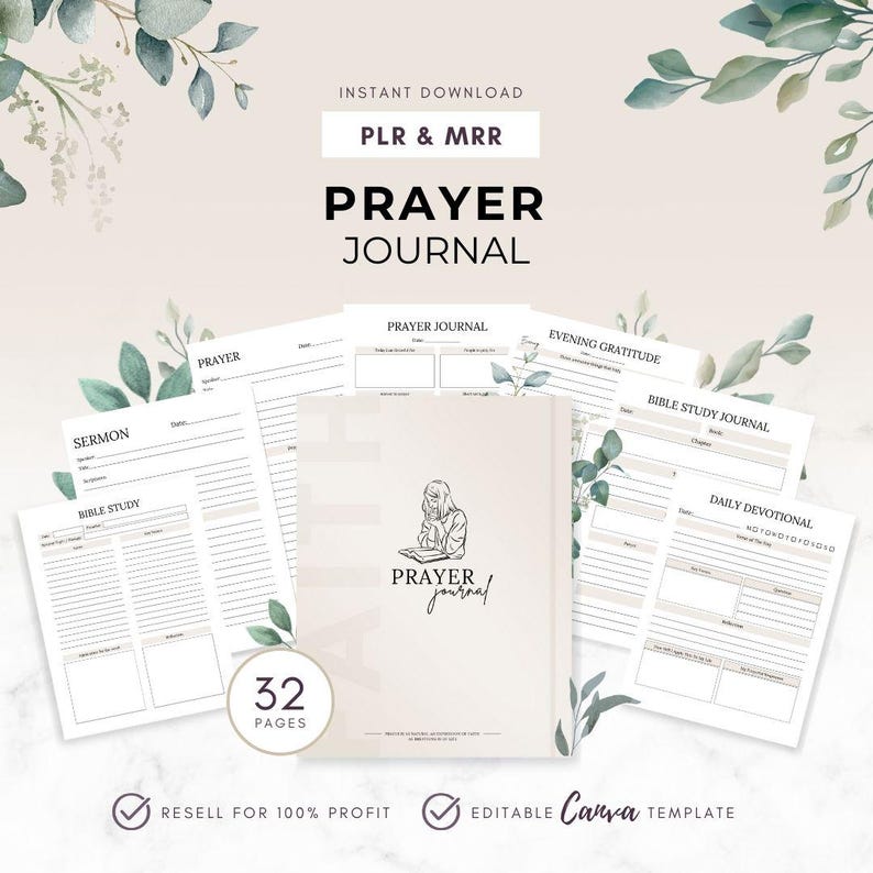 Prayer Journal MRR PLR Digital Planner, Bible Study, Gratitude Planner ...