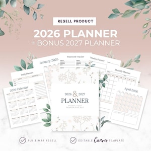 May include: A collection of white planners and calendar pages with floral accents. The cover of the planner reads "2026 & 2027 PLANNER" with the text "Create Your Harmonique Day." Additional pages include a password tracker, weekly and monthly planners, and a 2026 calendar.