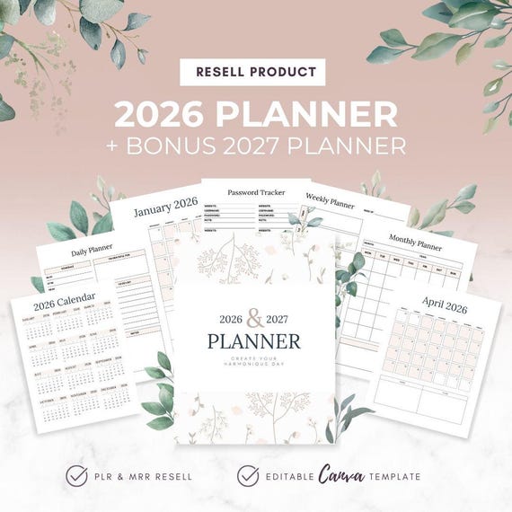 2026 Planner, MRR PLR Digital Planner, Editable Canva Templates, Organisation Planner, Master Resell Rights, Rebrand Resell, Digital Product