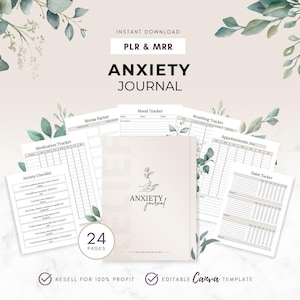 May include: A beige Anxiety Journal with the title in large black letters. The journal is surrounded by several pages with trackers for mood, breathing, and appointments. The journal has 24 pages and is an instant download.
