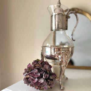 May include: A clear glass carafe with a silver-plated metal base and top, featuring an ornate floral engraving on the neck and a curved handle. The base is supported by three decorative legs, and a dried purple hydrangea flower sits nearby.