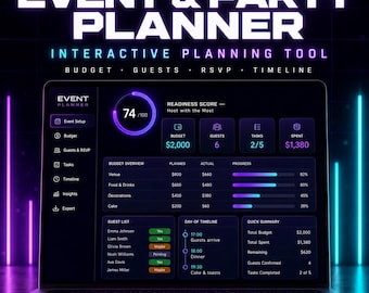Planificador interactivo de eventos, control de presupuesto, lista de invitados, herramienta de confirmación de asistencia (descarga en HTML)