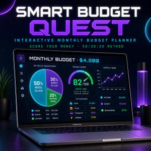 以下が含まれることがあります： 「Smart Budget Quest」のインタラクティブな月間予算プランナーを表示するラップトップ。画面には、50/30/20の内訳、予算スコア、月間トレンドグラフが表示されます。総月間予算は4,200ドルです。テキストは「素晴らしい仕事！」と表示されています。
