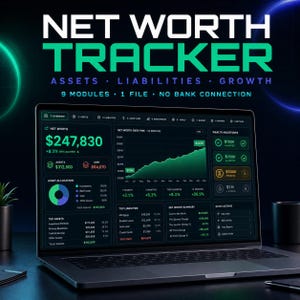 May include: A laptop displaying a "Net Worth Tracker" interface. The screen shows financial data, including assets, liabilities, and growth metrics. The interface includes charts, graphs, and numerical data, with the text "Net Worth Tracker" at the top.