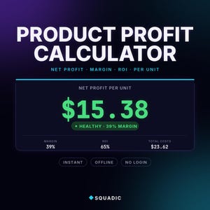 May include: A digital graphic for a product profit calculator. The title reads "PRODUCT PROFIT CALCULATOR" in white text. The calculator displays net profit per unit as $15.38, with a 39% margin. Additional data includes ROI and total costs.