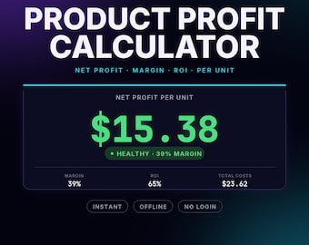 Calculadora de rentabilidad de productos / Herramienta para calcular el beneficio neto, el margen y el retorno de la inversión (funcionamiento instantáneo sin conexión)