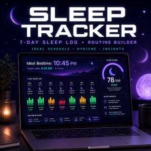 Puede incluir: Una pantalla de portátil muestra una interfaz de seguimiento del sueño con el texto "SLEEP TRACKER". La interfaz muestra un registro de sueño de 7 días, un creador de rutinas y una puntuación de sueño. La pantalla muestra visualizaciones de datos y texto, incluyendo "Hora de acostarse ideal: 22:45."