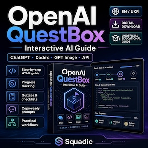 Peut inclure: Publicité pour "OpenAI QuestBox", un guide interactif sur l'IA. L'image présente un livre, une tablette affichant du code et des icônes pour ChatGPT, Codex, GPT Image et API. Le guide promet des guides HTML étape par étape, le suivi des progrès, des quiz et des invites prêtes à l'emploi.