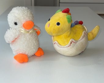 Yellow Dinosaur in Egg and Light Yellow Chick Vintage 90s Baby Gund Rattle Stuffed Plush Toys, Set of 2