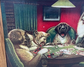Perros jugando al póker “A Waterloo” de Cassius Marcellus Coolidge, reproducción enmarcada de época; Xolo, Mastín, Bulldog, San Bernardo, Collie de pelo largo