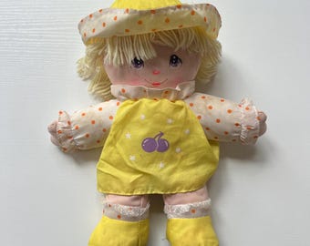 Dolly Mine 1980s Vintage Yellow Girl Plush Doll Cherries by Well-Made Toy