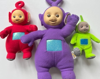 Teletubbies Vintage Stuffed Plush Toys: Purple Talking Tinkie Winkie, Red Po, Green Dipsy by Playskool and Eden