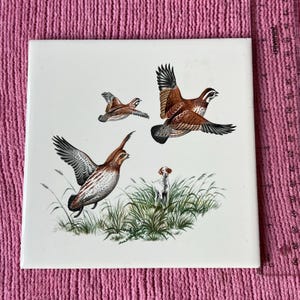 Könnte beinhalten: Quadratische Keramikfliese mit einer detaillierten Illustration von drei fliegenden Wachteln und einem Jagdhund im hohen Gras. Die Vögel haben braune und weiße Federn mit ausgebreiteten Flügeln. Der Hund ist weiß mit braunen Flecken.