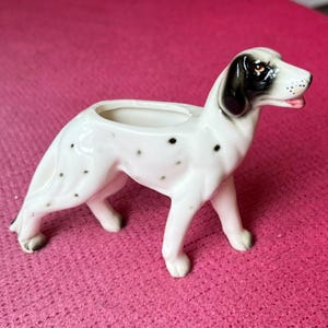 Puede incluir: Figura de perro de cerámica blanca con manchas negras, con una abertura para maceta en la espalda. El perro tiene marcas negras en las orejas y alrededor de un ojo. Un artículo decorativo.