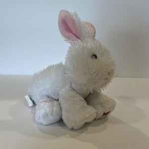 Op de afbeelding: Een pluche konijn met witte, ruige, gestructureerde vacht en zachte, lichtroze binnenoren. Het knuffeldier zit in een zittende houding en heeft kleine zwarte ogen, een subtiele roze neus en een klein wit label aan de zijkant.