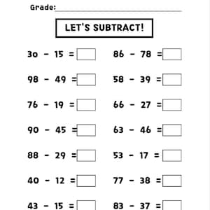 May include: A white worksheet with subtraction problems. The title "LET'S SUBTRACT!" is in a black rectangle. There are rows of subtraction problems with blank spaces for answers. The top of the worksheet has lines for "Name:" and "Grade:"