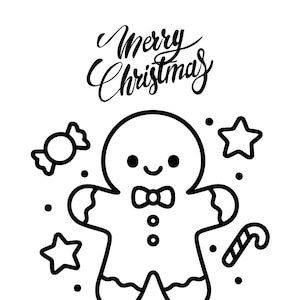 May include: Black and white illustration of a gingerbread man with a bow tie, surrounded by stars, candy, and a candy cane. The words "Merry Christmas" are written above the gingerbread man in a cursive font.