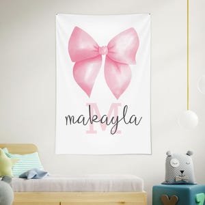 Personalized Tapestry With Name, Pink Bow Wall Art For Girls Room, Nursery Name Sign, Bedroom Decor, Girly Wall Banner For Kids, Birthday