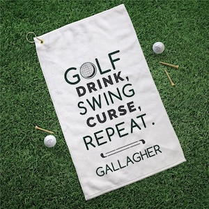 Golf Swing Repeat Personalized Golf Towel, Fathers Day Golf, Gifts For Men, Golf Accessories, Custom White Golf Towel, Custom Sports Towel