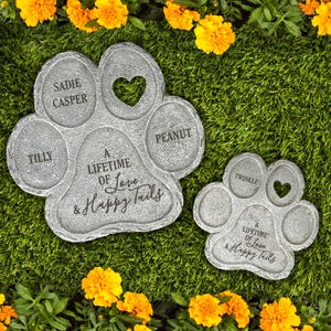 Engraved A Lifetime of Love & Happy Tails Paw Print Stone, dog grave marker, dog memorial stone, multiple pet memorial, custom pet stone