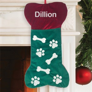 Embroidered Dog Stocking, Bone Shaped Dog Stocking, Personalized Dog Stocking, Red And Green Stocking With Paw Prints, Dog Christmas Gift