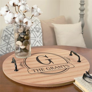 Personalized Circle With Flourishes Round Tray With Handles, wedding gift, serving tray, table decor, round tray, home decor, hostess gift