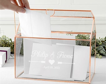 Engraved Arrows and Heart Glass Wedding Card Box, personalized card box for wedding reception, rose gold wedding card box, wedding decor