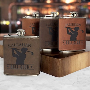 Engraved Golf Silhouette Club Name Leatherette Flask, personalized flask, custom flask, father&#39;s day, engraved flask, custom gift for him,